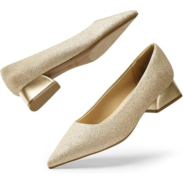 Dream Pairs Womens Size 9 Gold Glitter Pointy Toe 1.5" Chunk Heel Slide On Shoes