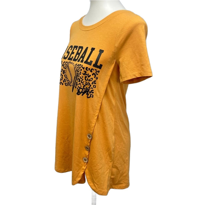 Hand Printed Upcycled Womens Small Baseball Mom Button Detail Long Tee Shirt