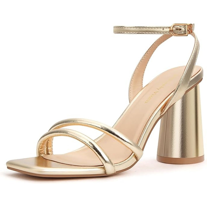 Viciously Vixen Womens 7 Shiny Gold 4" Block Heels Open Toe Ankle Strap Shoes