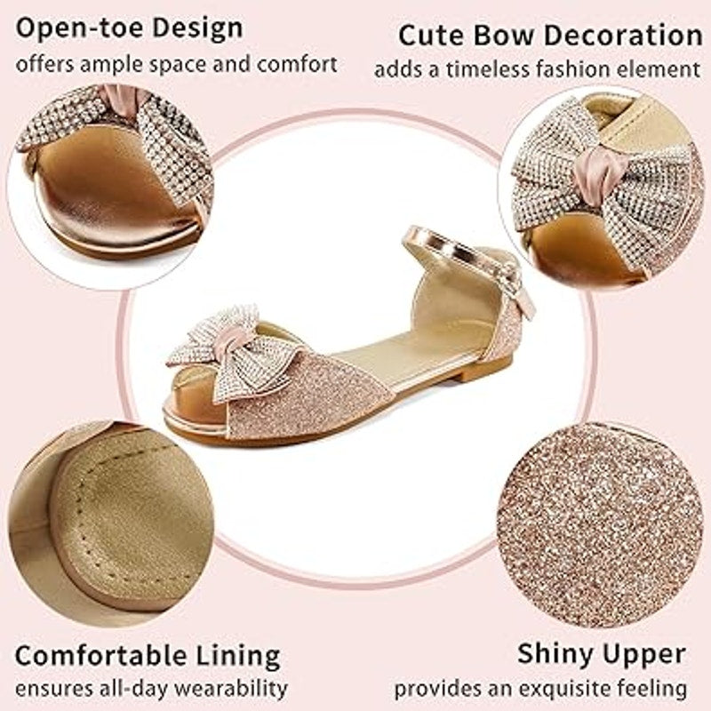 Aomigoct Girls Size 1 Rose Gold Silver Bow Glitter Princess Flat Sandal Shoes