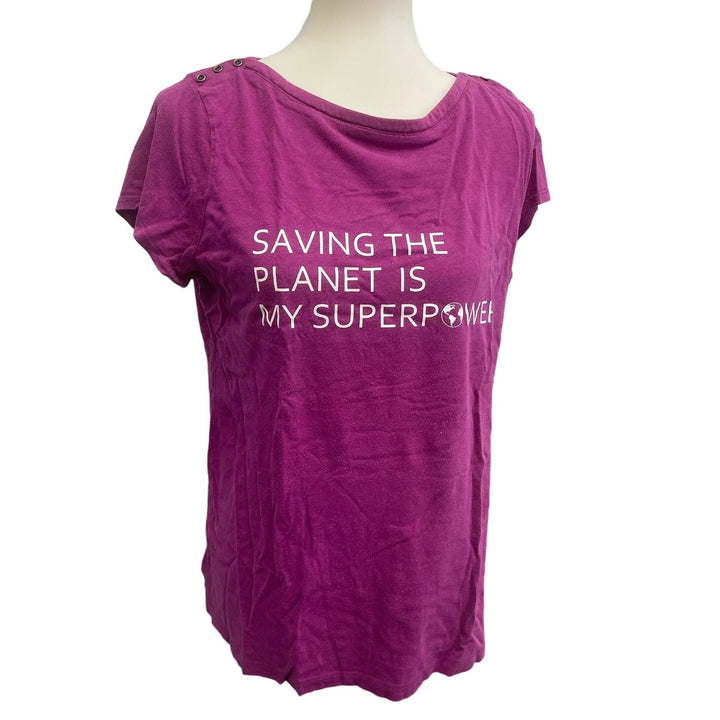 Hand Printed Upcycled Womens Medium Saving the Planet is My Superpower Tee Shirt