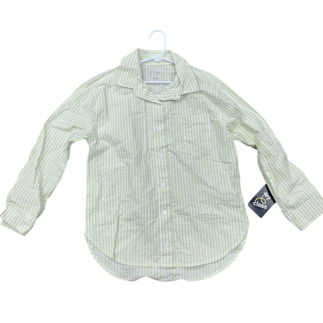 New Art Class Boys Medium (8) Pale Lime Green Seersucker Long Sleeve Shirt