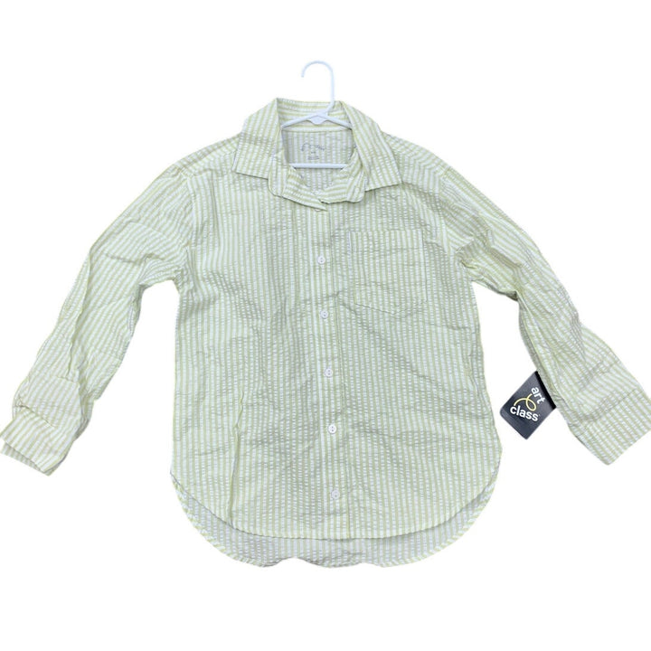 New Art Class Boys Medium (8) Pale Lime Green Seersucker Long Sleeve Shirt