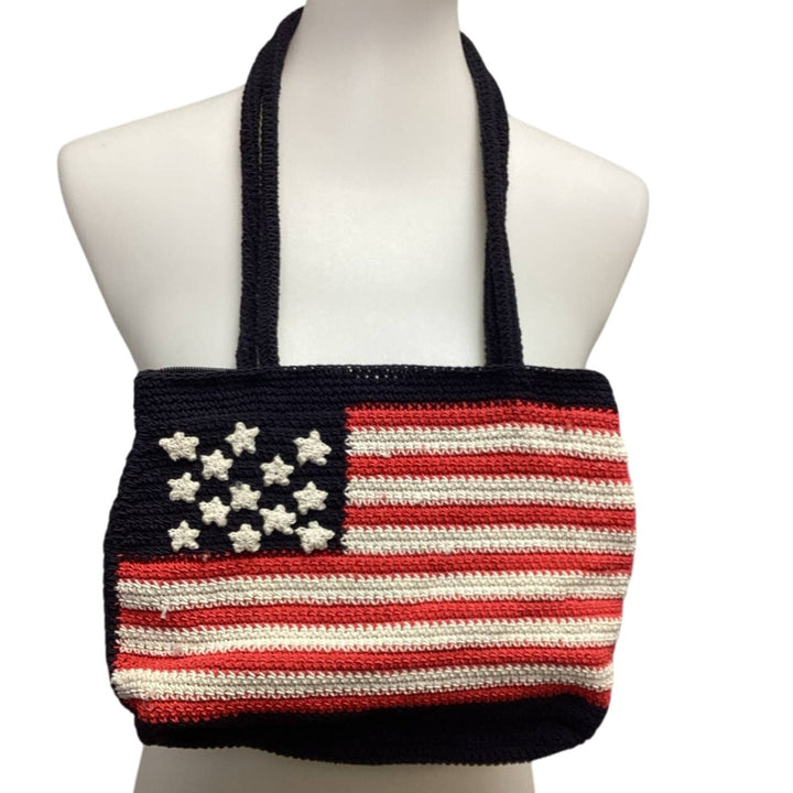 USA Patriotic American Flag Woven Stretch Cord Small Zipper Close Purse Handbag
