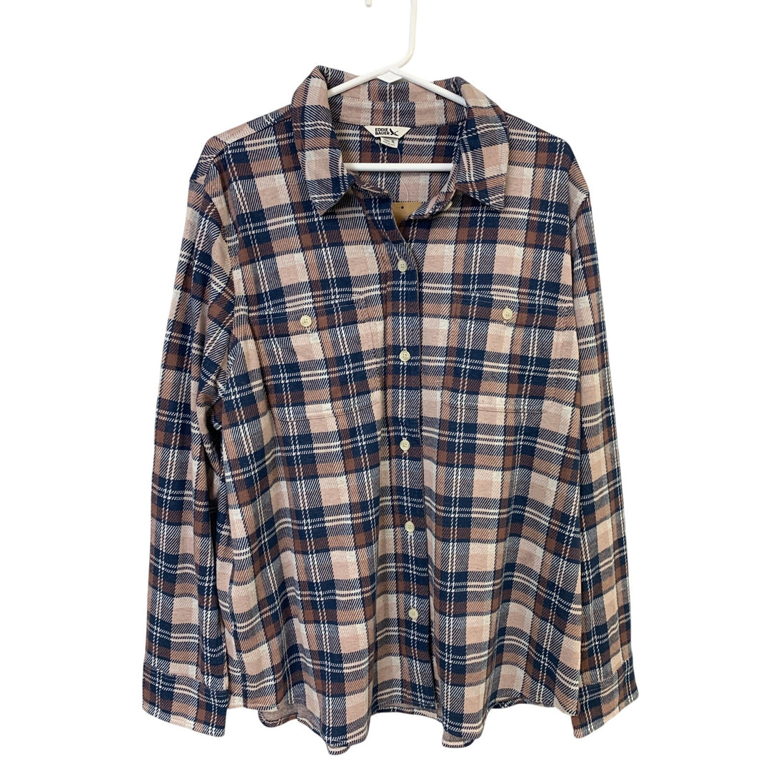New Eddie Bauer Womens XL Plum Plaid Long Sleeve Soft Knit Button Down Shirt