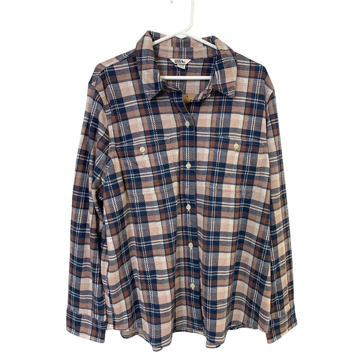 New Eddie Bauer Womens XL Plum Plaid Long Sleeve Soft Knit Button Down Shirt