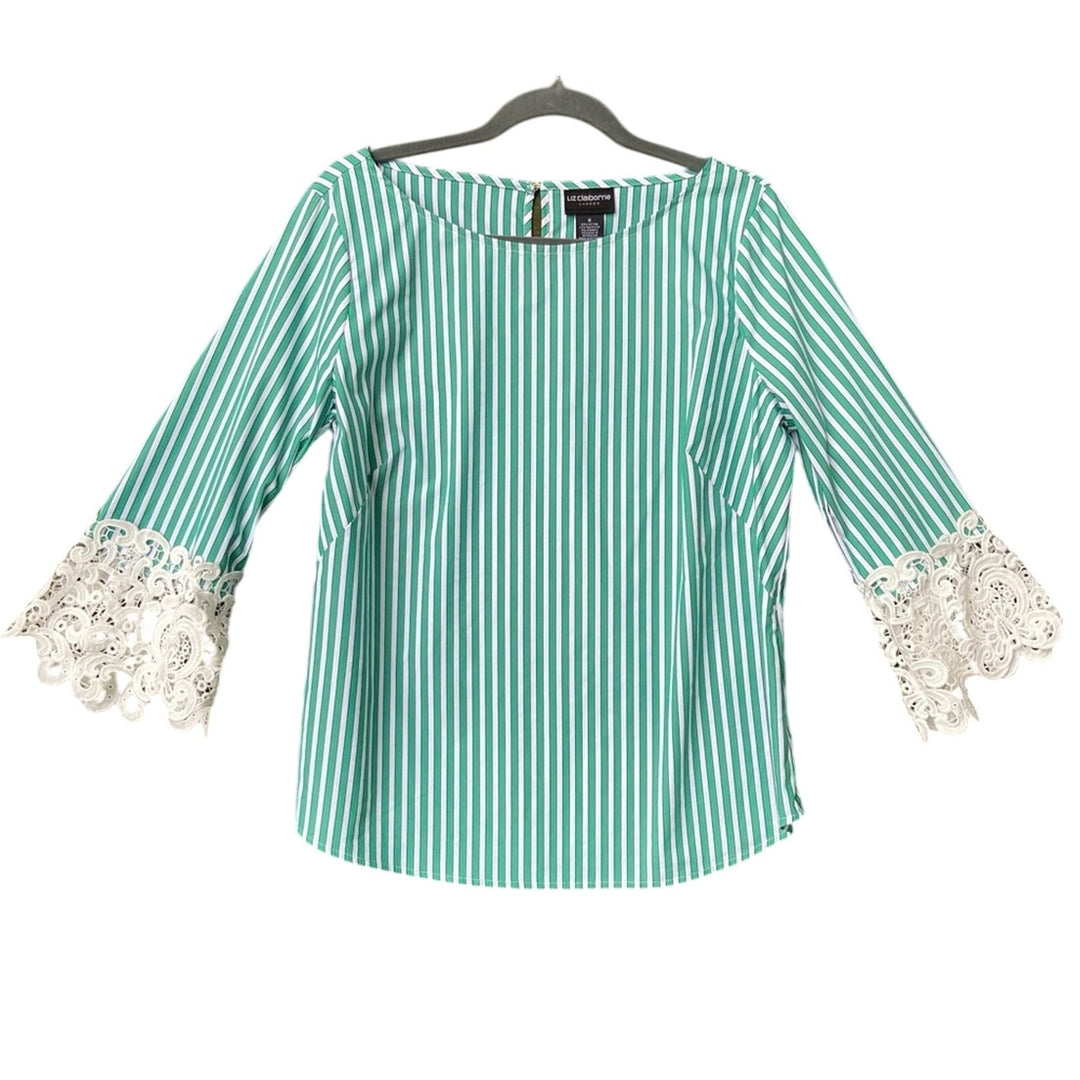 New Liz Claiborne Womens Medium Botanical Bliss Striped Lace Half Sleeve Blouse