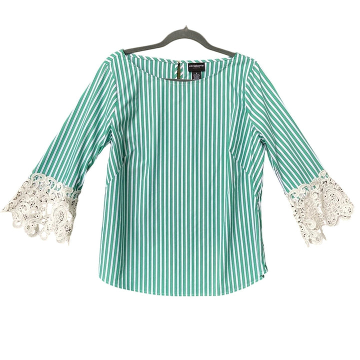 New Liz Claiborne Womens Medium Botanical Bliss Striped Lace Half Sleeve Blouse
