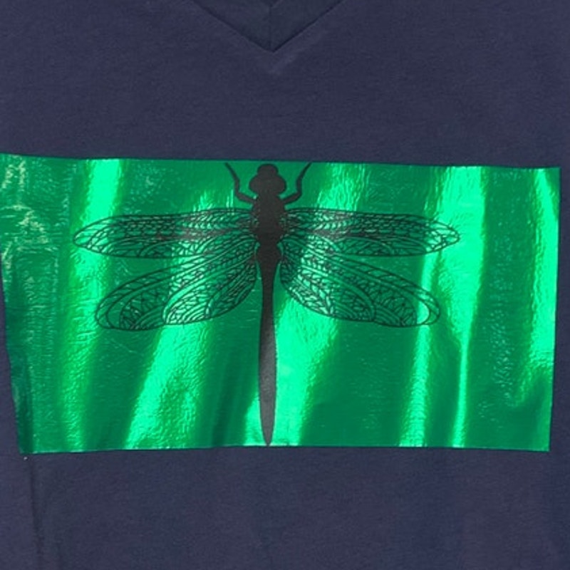 New Upcycled Hand Printed Womens Small Navy Green Dragonfly Short Sleeve Tee