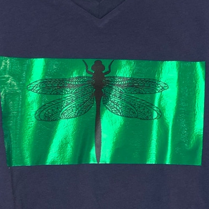New Upcycled Hand Printed Womens Small Navy Green Dragonfly Short Sleeve Tee