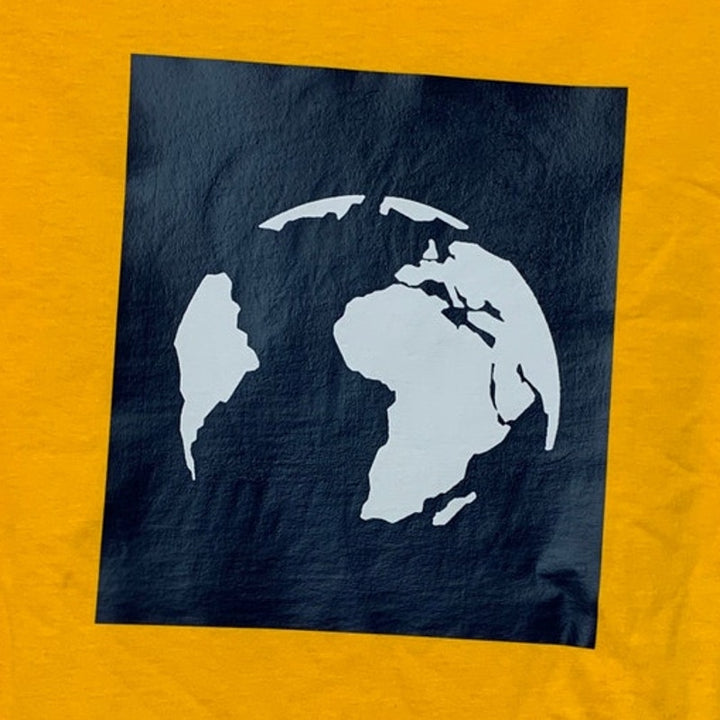 New Upcycled Hand Printed Womens Small Gold Blue Save Planet Earth Tee Shirt