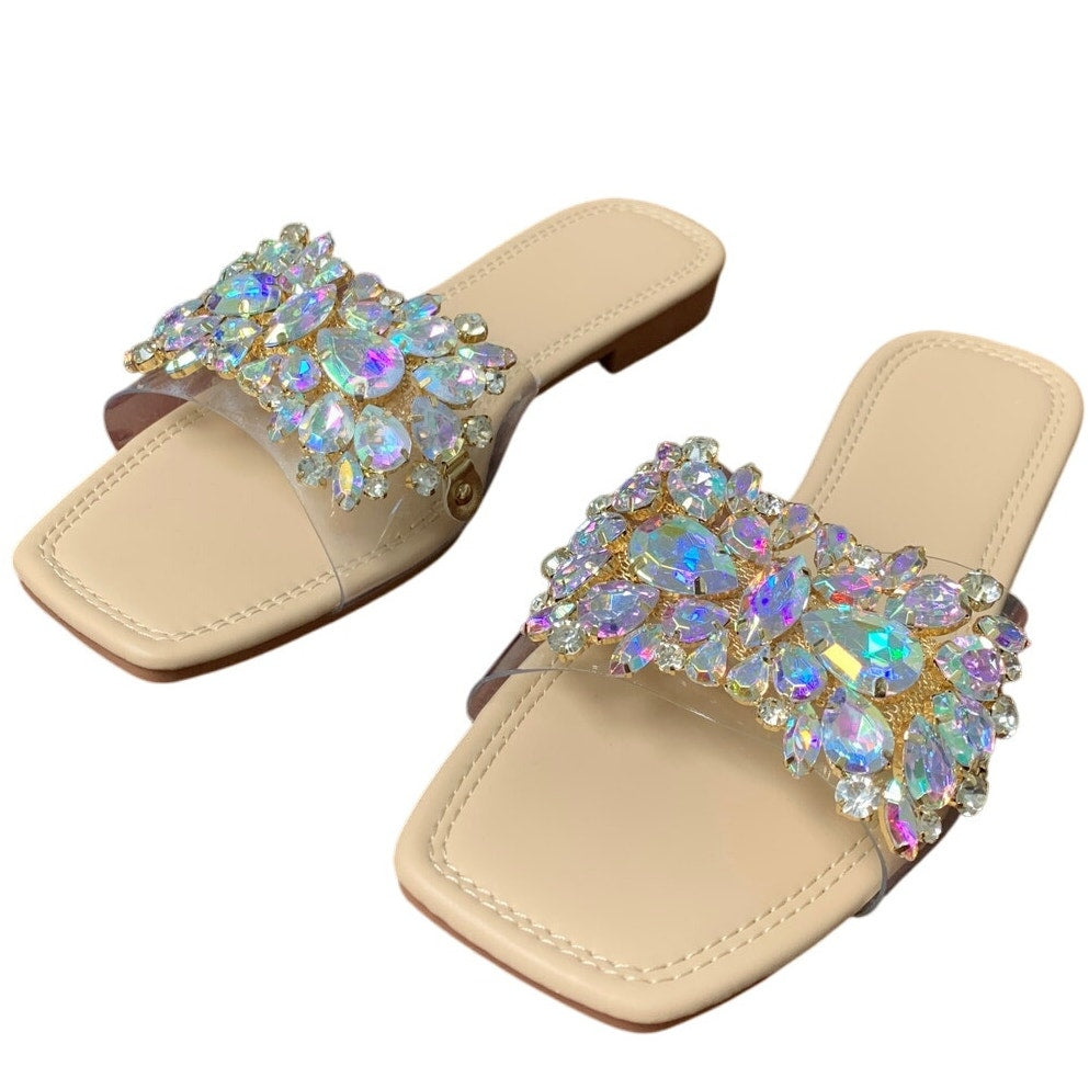 New Verdusa Womens Size 8 Rhinestone Clear Strap Slide On Flat Sandal Shoes