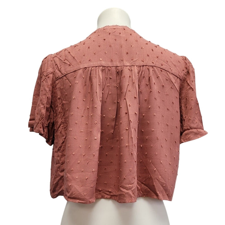 LA Hearts Womens Medium Rose Pink 100% Rayon Front Tie Short Sleeve Dotted Top