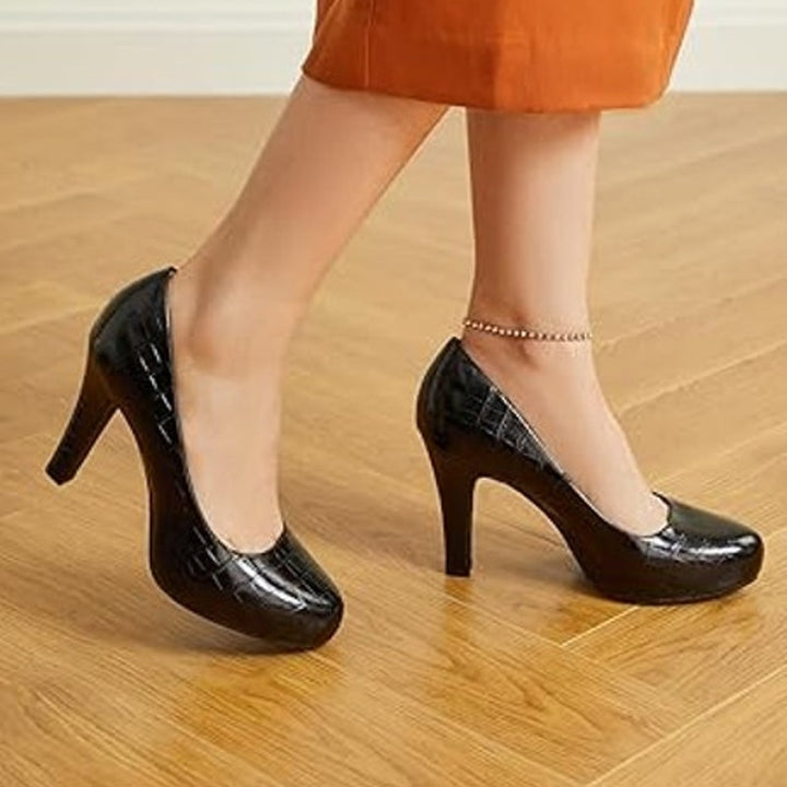 New Trary Womens Size 5 Black Faux Croc 3" Heel Slide On Round Toe Pumps Shoes
