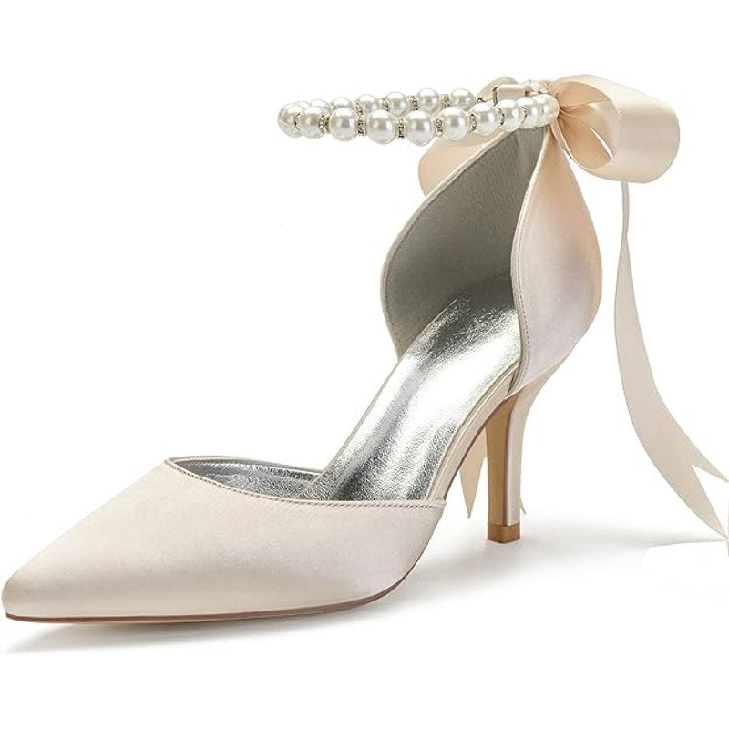 Womens Size 6.5 White Pearl Close Pointy Toe 3.5" Heel Ankle Strap Wedding Shoes