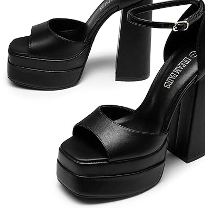 Dream Pairs Womens 11 Black 5" Block Platform Heel Peep Toe Ankle Strap Shoes