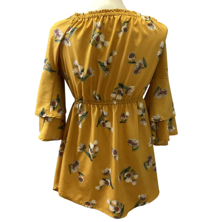 Blush Large Ruffled Bell Sleeve Yellow Floral Belted Elastic Cinched Waist Dress