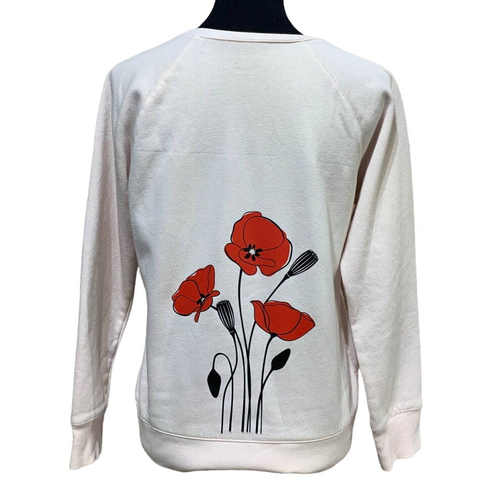 Hand Printed Upcycled Small Red Poppy Flower Cotton Blend Crew Neck Sweatshirt