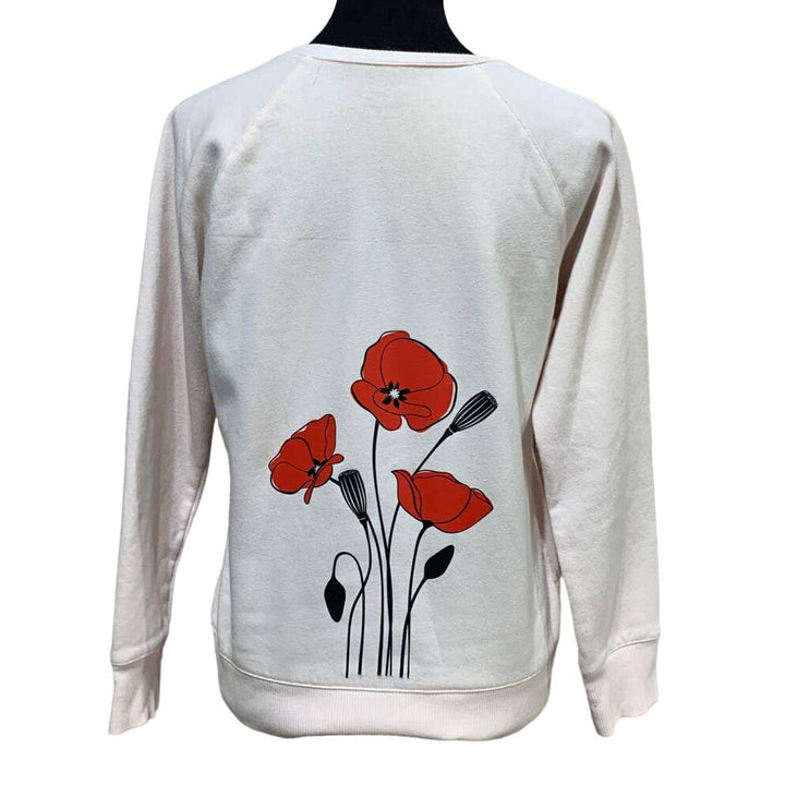 Hand Printed Upcycled Small Red Poppy Flower Cotton Blend Crew Neck Sweatshirt