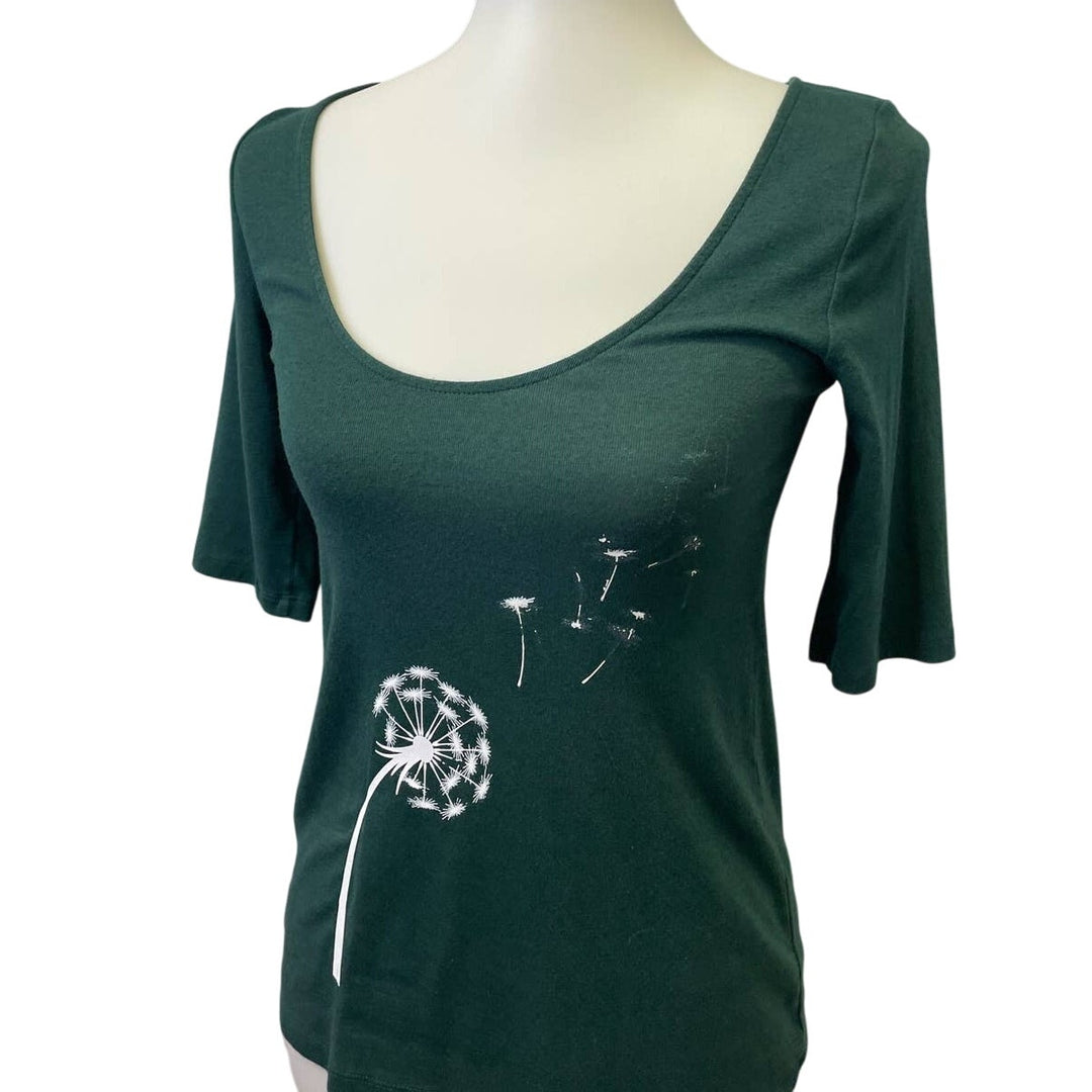 Hand Printed Upcycled Womens Small Dandelion Deep Scoop Neck Tee Shirt