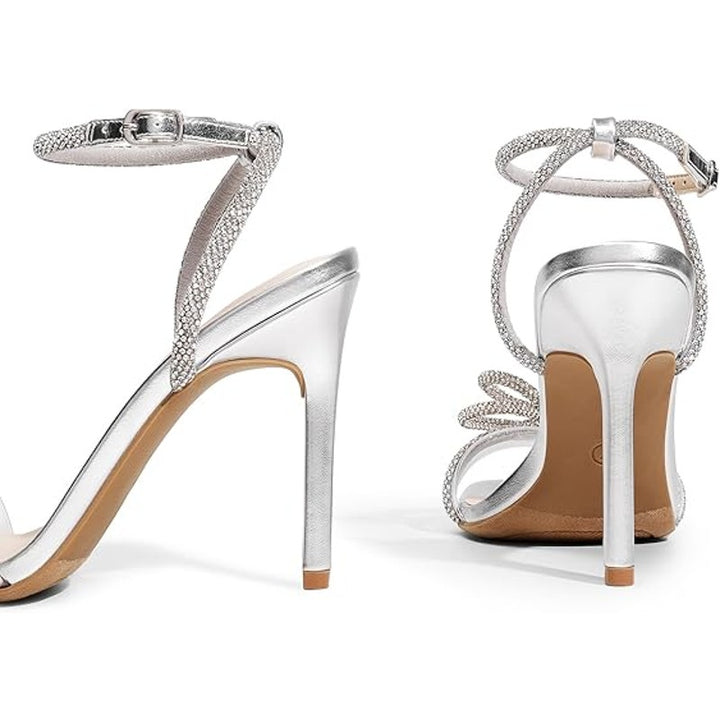 Dream Pairs Womens Size 8 Silver Sparkle Ankle Strap Open Toe 4.5" Heel Shoes