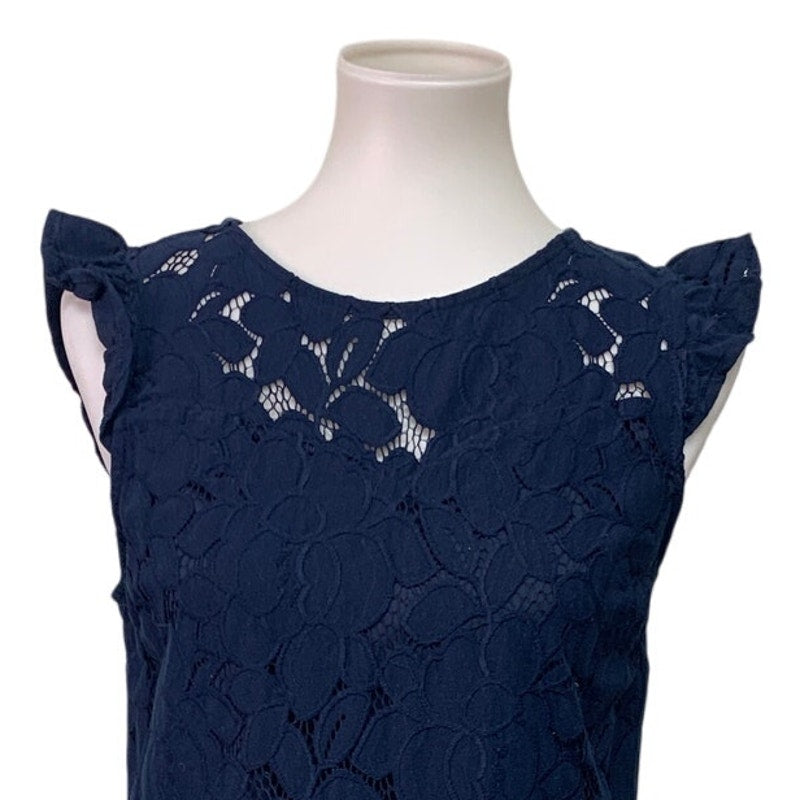 Monteau Womens Medium Navy Blue Floral Ruffled Sleeveless Lace Sheath Dress
