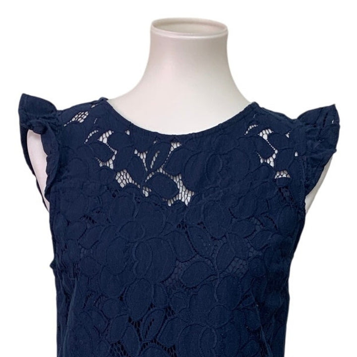 Monteau Womens Medium Navy Blue Floral Ruffled Sleeveless Lace Sheath Dress