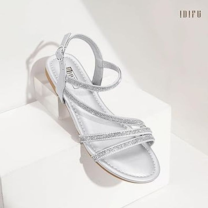 New Idifu Womens Size 10 Silver Rhinestone Sparkle Open Toe Buckle Strap Sandals