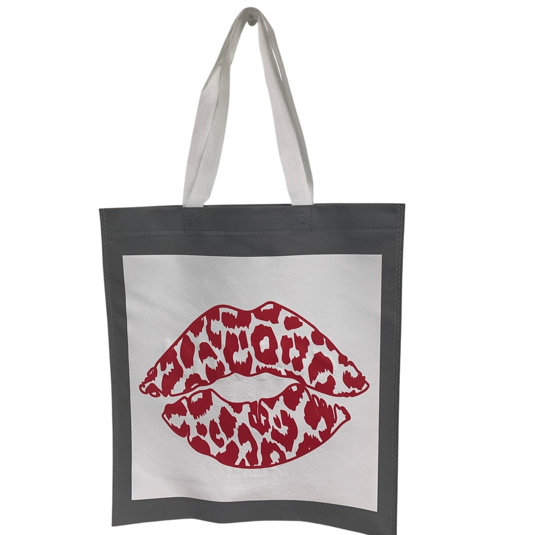 New Upcycled Hand Printed Valentine Love Leopard Kiss Lips Shopper Tote Bag