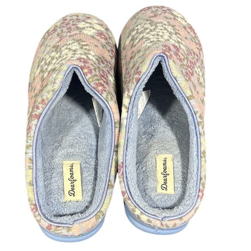 Dearfoams Womens Large 9/10 Blue Floral Memory Foam Non Slip House Slippers