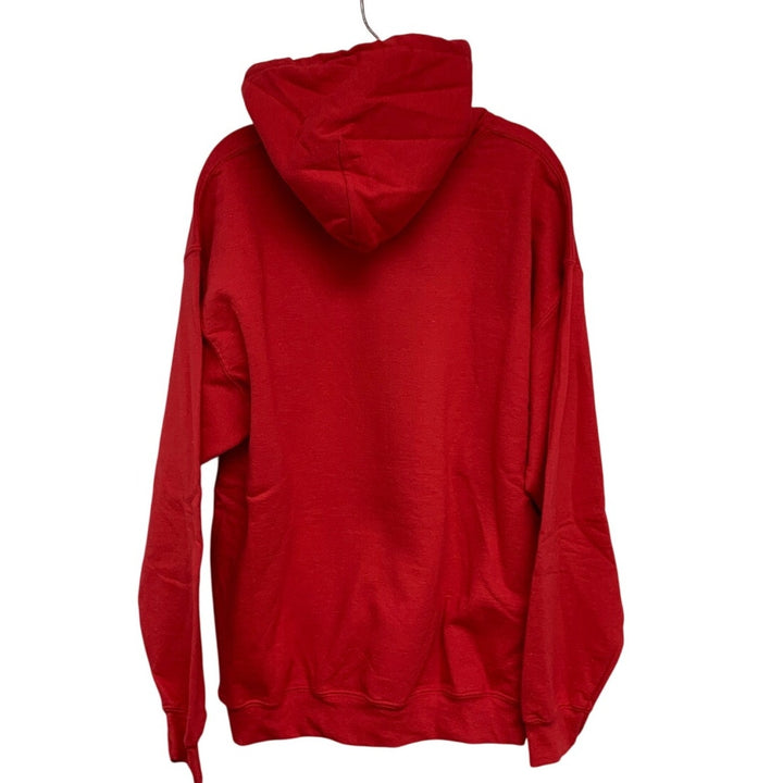 New Hand Printed Womens Large Christmas Santa Dog Long Sleeve Hoodie Sweatshirt