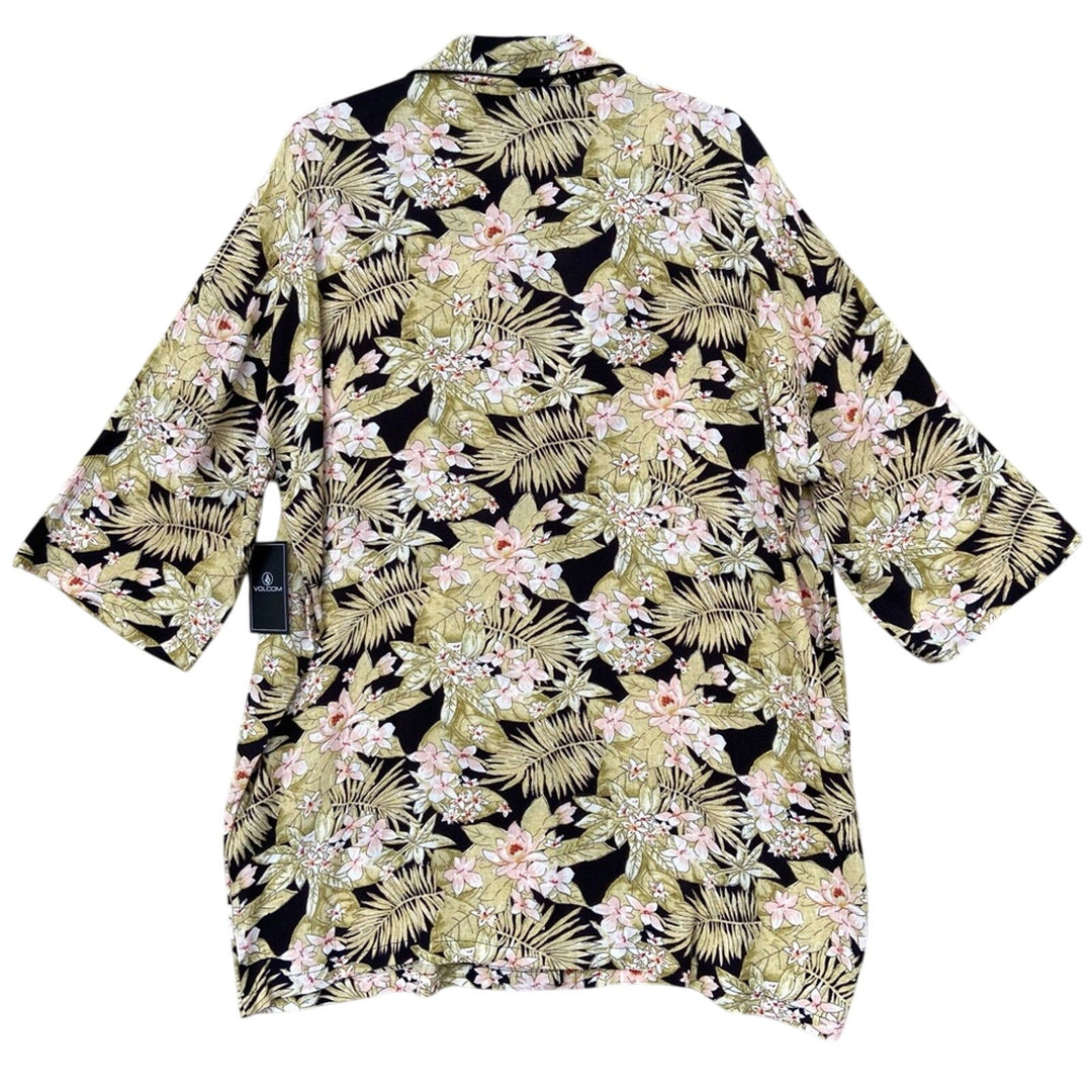 NWT New Volcom Womens M/L Floral Button Up Short Sleeve Swim Cover Up