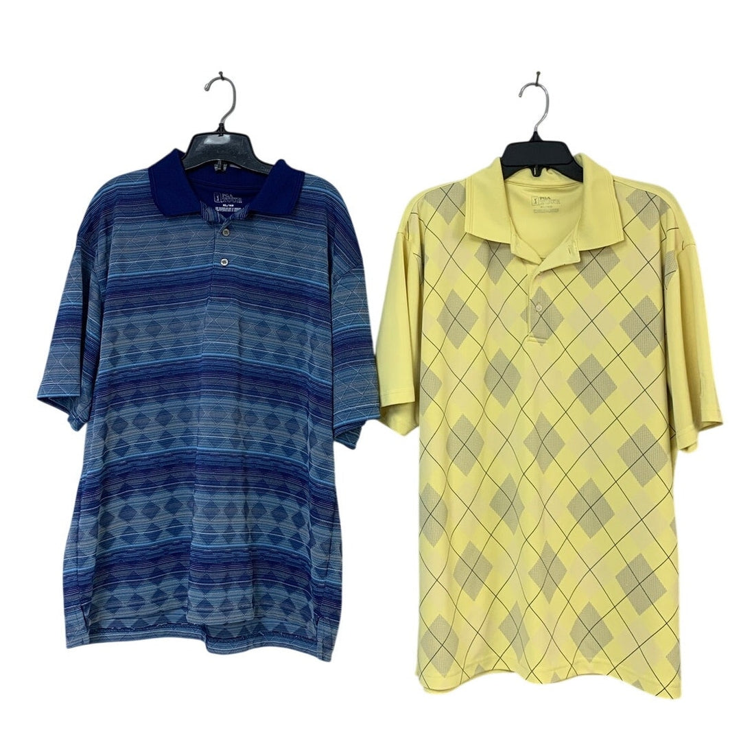 Lot of 2 PGA Tour Mens XL Blue Yellow Diamond Stripe Short Sleeve Polo Shirts
