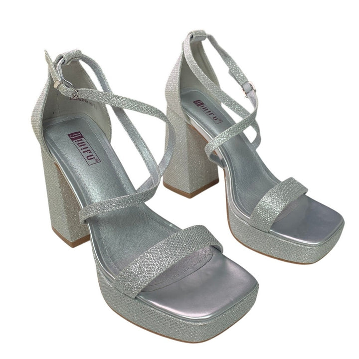 Idifu Womens 7.5 Silver Gillter Open Toe 4" Block Heel Ankle Strap Sandal Shoes