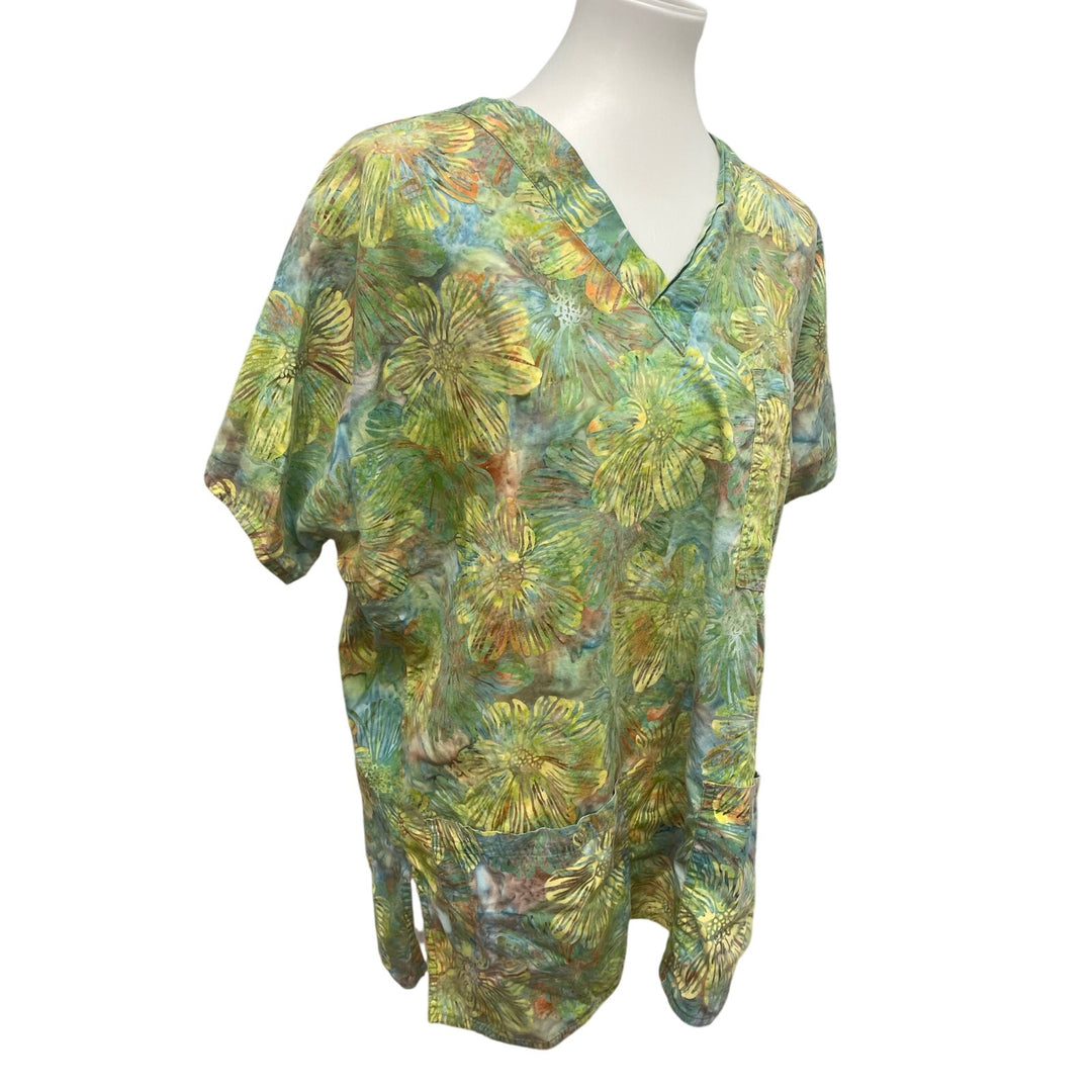 SCRUBS Brand Womens Large Muted Floral Cotton V-Neck Short Sleeve Scrub Top