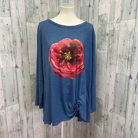 Hand Printed Upcycled Plus Size 24W Watercolor Peony Flower Long Sleeve Blouse