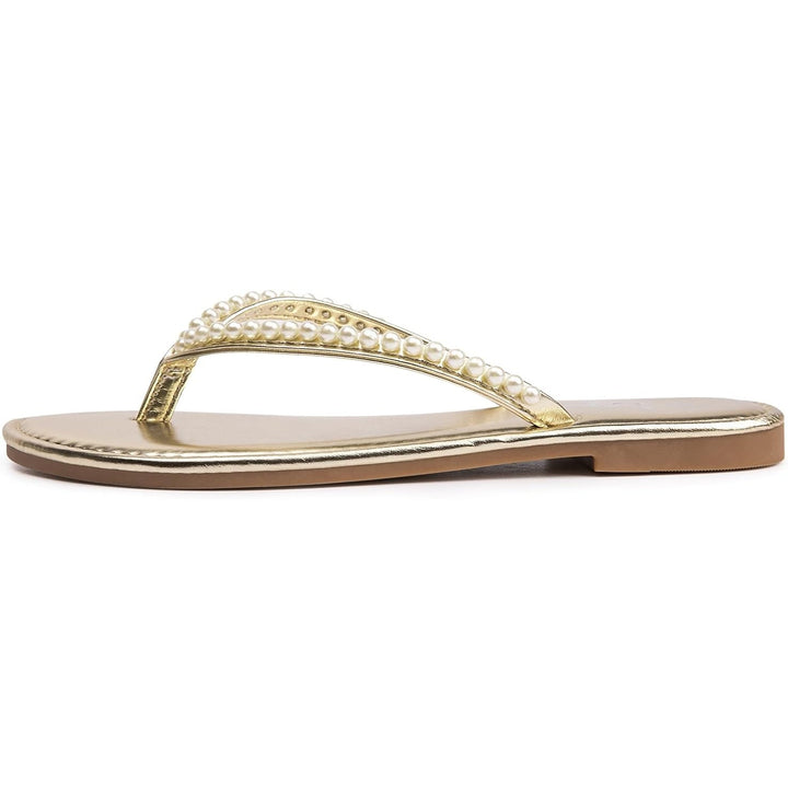 LM Womens Size 7 Shiny Gold Pearl Slide On Dressy Flip Flop Flats Thongs Sandals