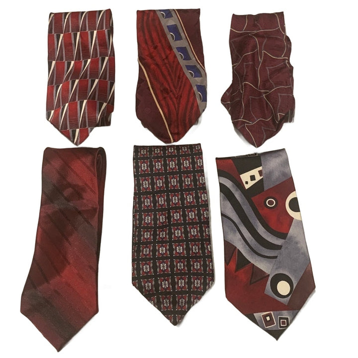 Lot of 6 Wine Red Silver Striped Geometric Vintage and Newer Mens Neck Ties