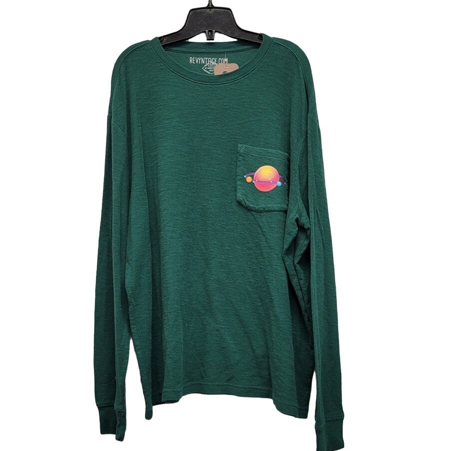 Hand Printed Upcycled Mens XL Saturn Orbit Front Pocket Long Sleeve Tee Shirt