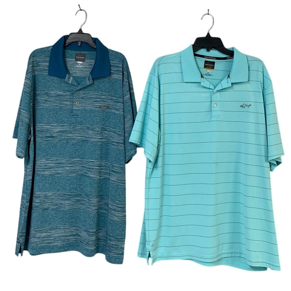 Lot of 2 Greg Norman Tasso Elba Men XL Blue Striped Short Sleeve Polo Shirts EUC