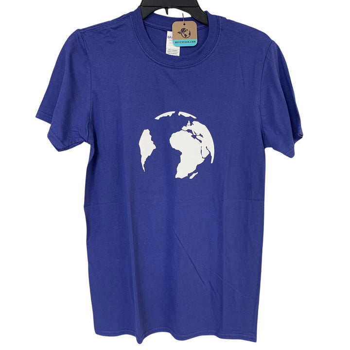 New Hand Printed Womens Small Blue Save The Earth World Short Sleeve Tee Shirt