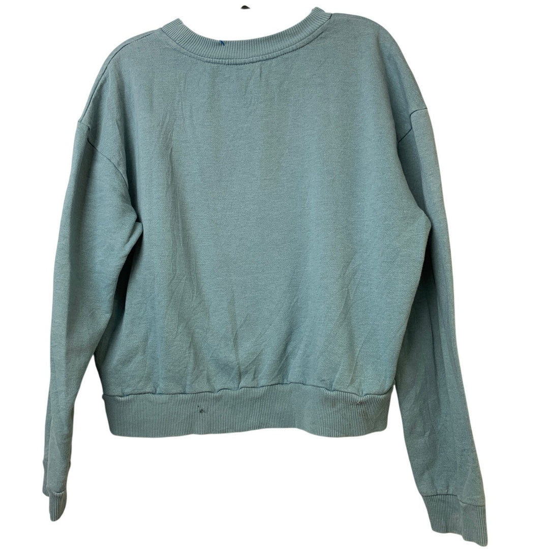 Upcycled Hand Printed Womens Large Blue Winter Polar Bear Cropped Sweatshirt