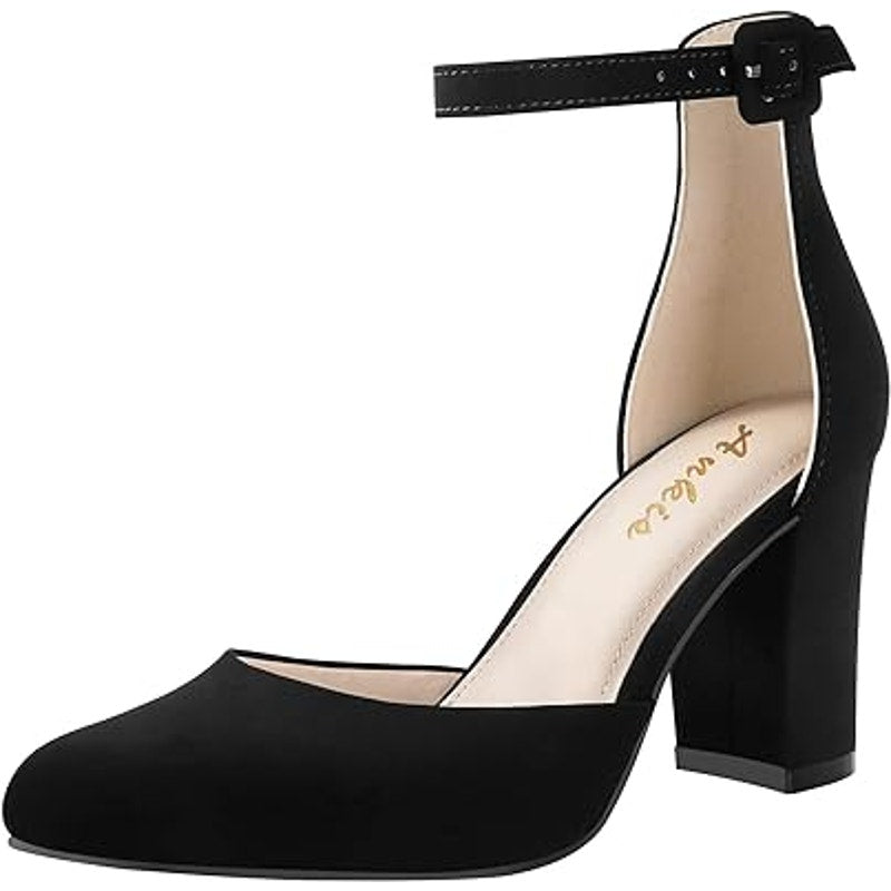 Ankis Womens Size 8 Black Faux Suede Closed Toe Ankle Strap 4" Heels Pumps Shoes