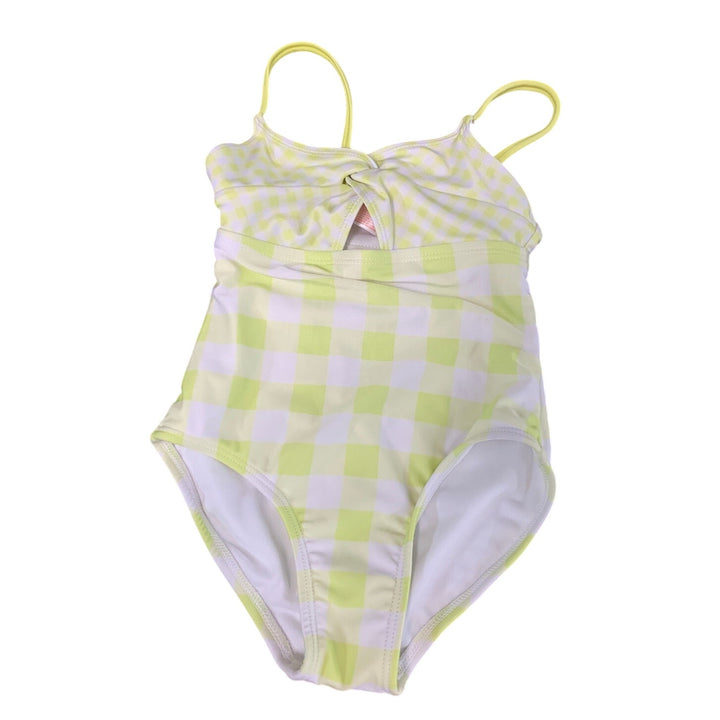 New Cat &amp; Jack Girls Large 10/12 Keyhole Front Neon Yellow Check 1PC Swimsuit