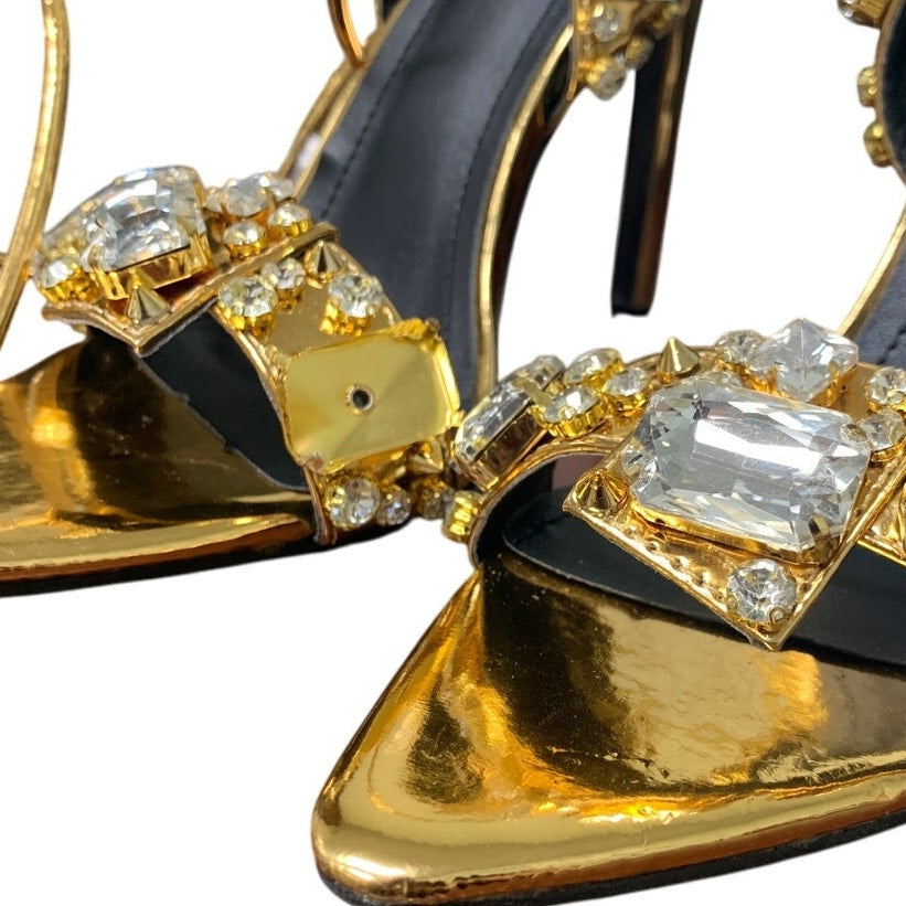 Kluolandi Womens Size 9.5 Gold Shiny Jewel Ankle Strap 5" Heel Shoes Missing Gem