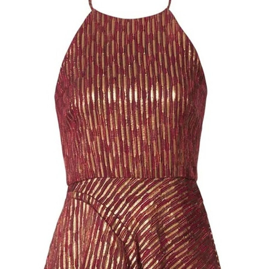 Badgley Mischka 18 Tall Ruby Metallic Gold Hi Low Leg Slit Halter Dress Gown