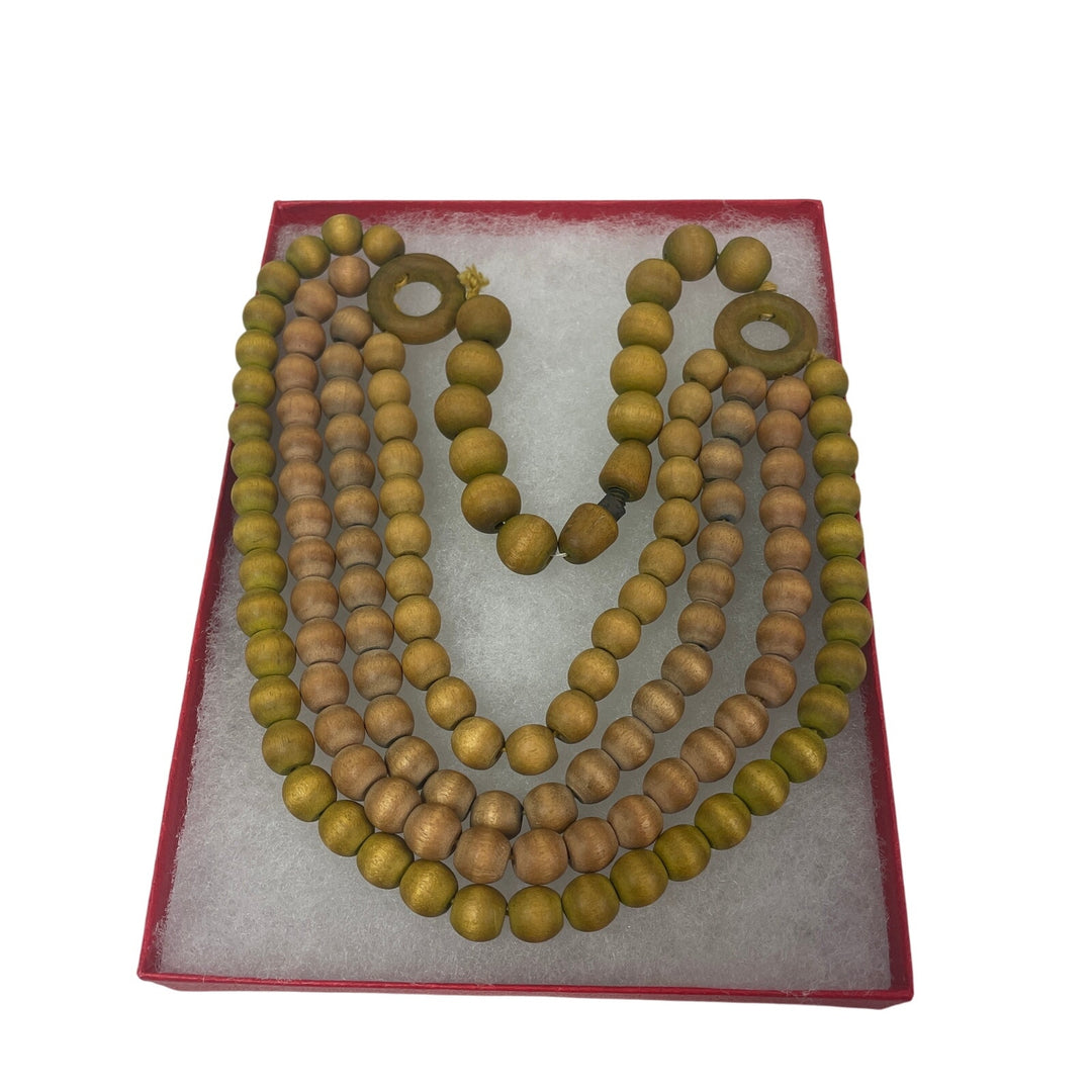 Vintage Wooden Bead 4X Strand Tan Green Brown Beaded Screwback Choker Necklace