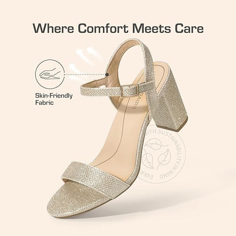 Dream Pairs Women 8 Gold Glitter 3" Block Heel Open Toe Ankle Strap Sandal Shoes