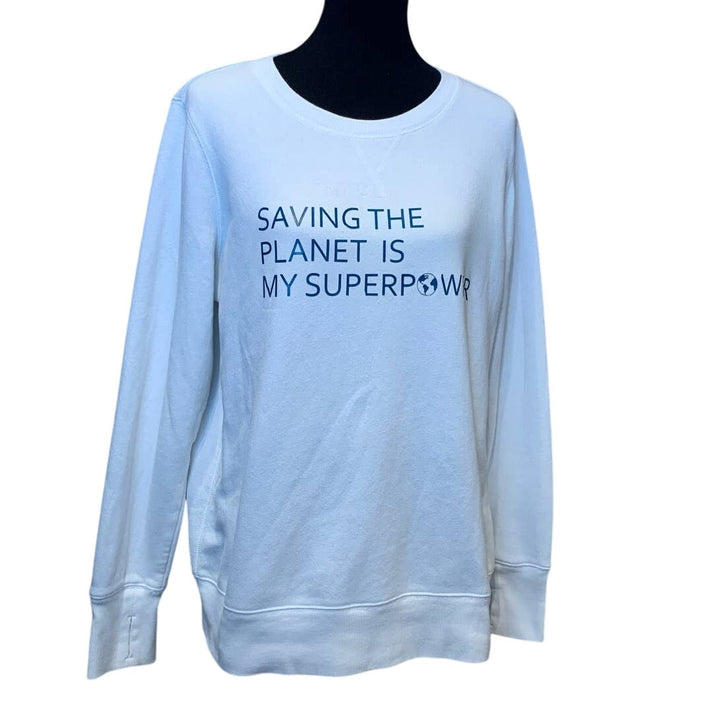 Hand Printed Upcycled Womens XL Saving the Planet Superpower Sweatshirt