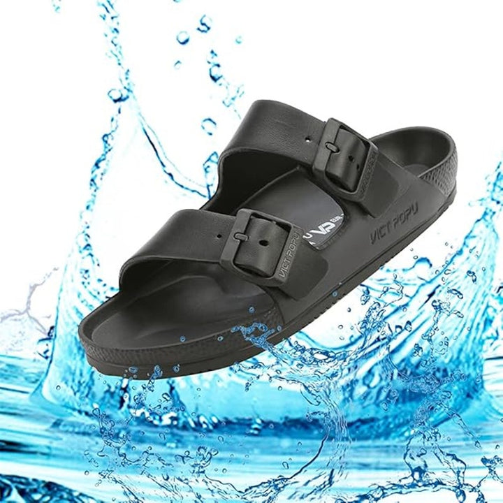New Vict Popu Womens 8.5 Black EVA Adjustable Buckle Strap Slide Sandal Shoes